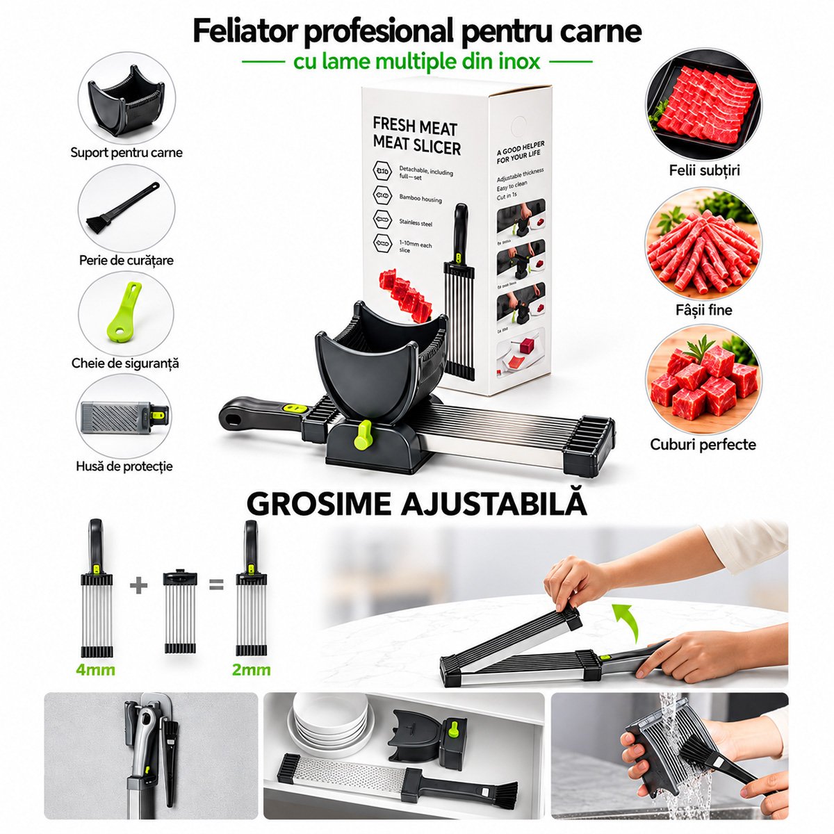 Feliator manual pentru carne cu 17 lame inox - taiere felii, fasii si cuburi 2/4 mm
